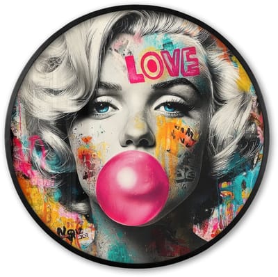 Poster in lijst Rond - Fotolijst 60x60 cm - Posters - Vrouw - Kauwgom - Graffiti - Neonkleuren - Ronde posterlijst zwart - Decoratie - Wanddecoratie woonkamer - Muurdecoratie slaapkamer