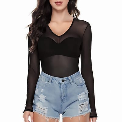 Dailygoods- Top met lange mouwen - Transparant - V-hals - Mesh - Slim fit - 100% polyester - Comfortabel en ademend - Blouse