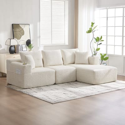 DESMIU Hoekbank 261 x 165 x 80,5 Cm - 3-Zits Met Bekerhouder En Opbergvakken - Voor Woonkamer - Chenille Beige