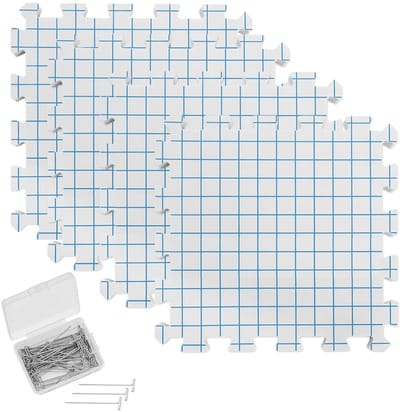 Dailygoods - Spanmatten met raster: 4 stuks spanmatten breien met 100 T-naalden, 28 cm extra dikke blokkeermat voor breien, haken, kant, blokkeerplanken met rasterlijnen, roestvrije T-pinnen