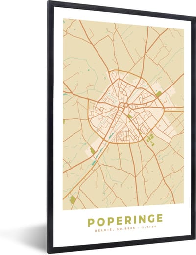 Fotolijst incl. Poster - Vintage - Kaart - Plattegrond - Poperinge - Stadskaart - 40x60 cm - Posterlijst