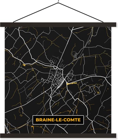 Posterhanger incl. Poster 60x60 cm - Schoolplaat - Stadskaart - Braine-le-Comte - Kaart - Goud - Plattegrond - Textielposter - Zwarte latten - Stadskaart