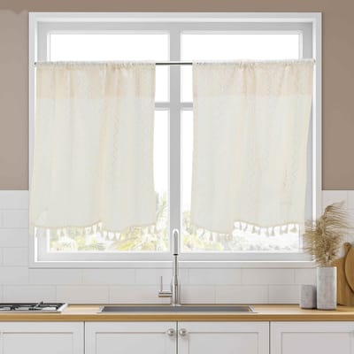 Koffiebruine kant korte franjes keuken gordijnen voor kleine ramen in badkamer, lichtfilterend beige, 103 x 60 cm, set van 2, ideaal voor privacy en decoratie