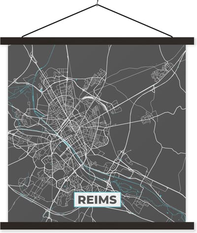 Posterhanger incl. Poster 60x60 cm - Schoolplaat - Reims - Plattegrond - Kaart - Stadskaart - Frankrijk - Textielposter - Zwarte latten - Stadskaart