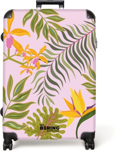 NoBoringSuitcases.com® - Koffer groot - Reiskoffer lichtgewicht - Roze met kleurrijke bladeren - Rolkoffer met 4 wielen - Grote trolley XL - 98 liter bagage