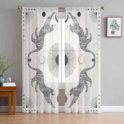 Luipaard Zon Abstract Dier Ster Maan Raam Tule Gordijnen voor Woonkamer Slaapkamer Hotel Luxe Decoratie Transparante Gordijnen 135W x 114H(cm) white