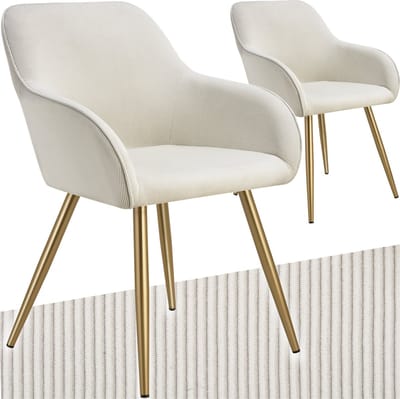 tectake® Eetkamerstoelen Marilyn - Set van 2 - Gestoffeerde Stoelen met Koordlook/ribstof - Gouden Stoelpoten - Ergonomische Keukenstoel - Stoel voor Eetkamer, Woonkamer, Slaapkamer - Creme