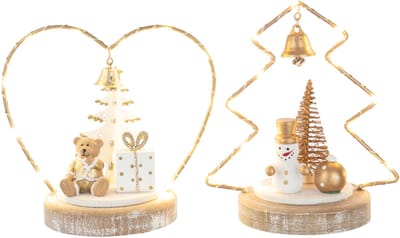 J-Line kerstdecoratie Beer + Sneeuwman Boom + Hart - hout - wit/goud - 2 stuks - LED lichtjes