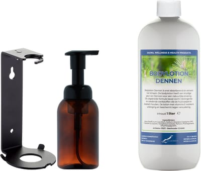 Zeepdispenser 300 ml amber bruin hervulbaar + 1 Liter Bodylotion Dennen navulling (inclusief beugel)