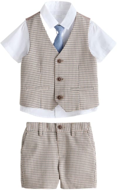 Next - Jongens - Set met gilet, overhemd, korte broek & stropdas - Bruin