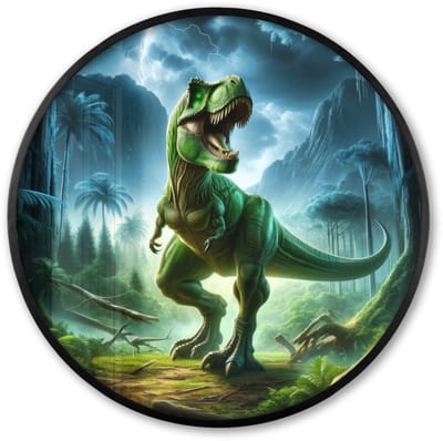 Poster in lijst Rond - Fotolijst 60x60 cm - Posters - Dino - Jongens - Groen - Blauw - T-Rex - Ronde posterlijst zwart - Decoratie - Wanddecoratie woonkamer - Muurdecoratie slaapkamer