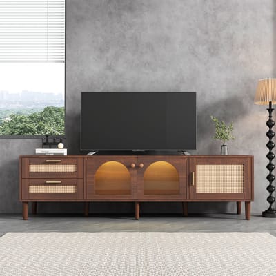 Tv Meubel - Tv Kast - Tv Dressoir - Led Verlichting - Rotan Lades - Glazen Deuren - Woonkamer - 180x40x50 cm - Voor 80 Inch - Bruin