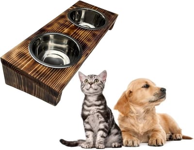 Voederstation Dubbele Bak - Huisdier Diner Standaard - Comfortabel Eten Huisdier - Gevlamd Hout Roestvrij Staal - 50x195x7cm - Bruin
