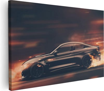 Artaza Canvas Schilderij Sportauto - 30x20 cm - Klein - Muurdecoratie Auto - Wanddecoratie Mancave - Schilderijen Op Canvas Vuur