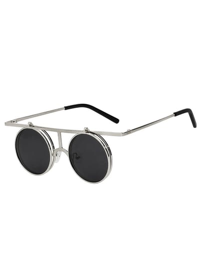 KIMU® Ronde Zonnebril Steampunk Flip Up - Zilver Montuur Rond - Zwarte Glazen - Zilveren Vintage Retro Opklapbaar Festival