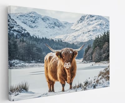 Saammp - Canvas Schilderij - Schotse Hooglander Koe in de sneeuw - Landschap - Dieren - Natuur - 45x30 - Foto op canvas - Wanddecoratie - muurdecoratie Woonkamer - Slaapkamer decoratie - Canvas Print