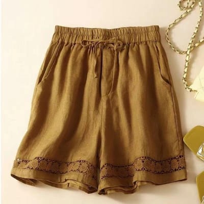 Zomer Dunne Veelzijdige Shorts voor Dames Retro Hol Kant Elastische Taille Casual Broek Los Veelzijdig Wijde Pijpen Broek L brown