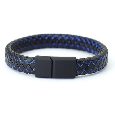 WiseGoods Premium Heren Armband Zwart Met Blauw - Gevlochten Leer & RVS Sluiting - Cadeau - Armbanden - Armbandje Mannen - 20.5CM