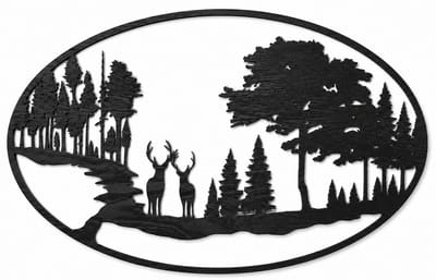 Houten wanddecoratie - Wooden wall decoration | Hert in bos (ovaal) 40 x 65cm Deer in forest (oval) | Zwart - Black | Muurdecoratie - Wall art - Wandfiguur - Echt Hout - Real Wood - Natuur - Wild - Ardennen