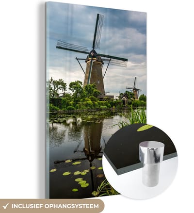 ® Glasschilderij 120x180 cm - Schilderij acrylglas - Molen - Bloemen - Water - Foto op glas - Muurdecoratie woonkamer - Wanddecoratie slaapkamer - Schilderijen