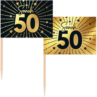 50 Vlagprikkers goud / zwart 50 jaar ' Sarah ' - Golden Celebrations - Hapjes Cocktailprikkers Tapas Prikkers Feestje