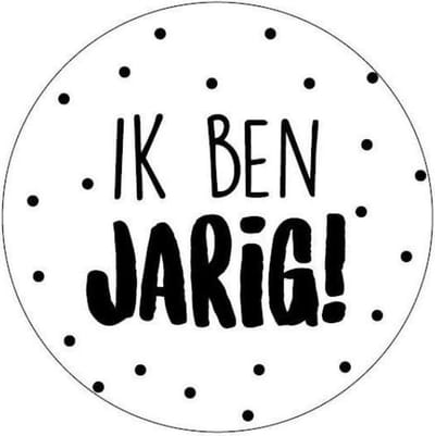 Traktatiesticker Ik ben jarig - Trakteren - Cadeausticker - Wensetiket - rond 40mm - Ik ben jarig Wit,Zwart - 25 stuks - sticker voor traktatie op school - traktatie verjaardag - traktatie kinderdagverblijf - trakteren