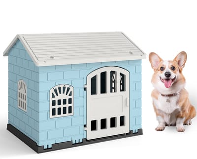 COSTWAY Hondenhok voor buiten, weerbestendig hondenhuis met zadeldak, afsluitbare deur en 3 ramen, huisdierhuis voor kleine en middelgrote honden en katten, hondenkooi voor binnen, 75 x 58 x 65 cm