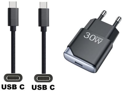 OneOne 30W super snellader USB C poort en glazen screenprotector + 0,5m USB C naar USB C kabel. Krachtige zwarte universele PD PPS lader. Compacte oplader adapter met GaN III technologie. Screenprotector past op Apple iPhone 15, iPhone 16