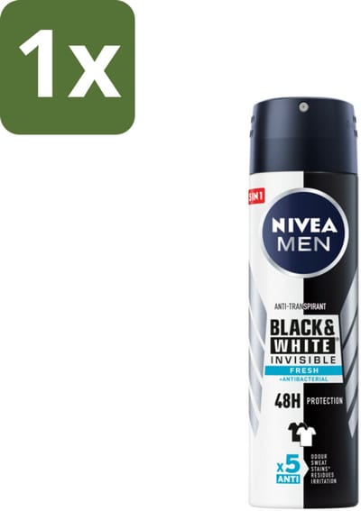 1 x NIVEA Men Deodorant Spray Invisible for Black & White Fresh 150 ml - Anti-transpirant - Deodorant Spray - Zweetvoorkomend - Vlekkenvoorkomend - Huidvriendelijk