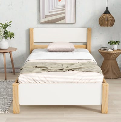 MEUNIQ eenpersoonsbed 90x200 cm met 15 latten, middelpoot, hoofd- en voetbord, grenenhouten frame en MDF panelen, normaal bed voor slaapkamer, wit en naturel