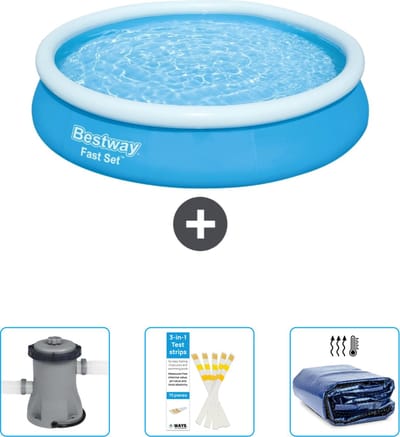 Bestway Rond Opblaasbaar Fast Set Zwembad - 366 x 76 cm - Blauw - Inclusief Pomp - Testrips - Solarzeil