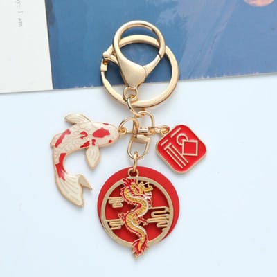 Etnische Stijl Draak En Feniks Koi Sleutelhanger Voor Vrouwen Mode Druppel Glazuur Gelukssleutel Chian Tas Autosleutel Hanger Sieraden Cadeau beige