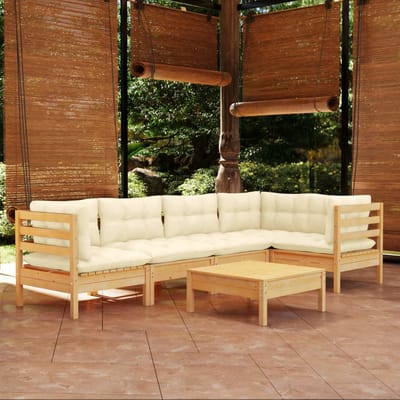 vidaXL - 6-delige - Loungeset - met - crèmekleurige - kussens - grenenhout