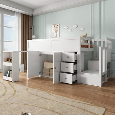 DESMIU Hoogslaper 90x200 cm – Multifunctioneel Kinderbed met Uittrekbaar Bureau, Kast, Lade en Trapkast – Voor Kinderkamer – MDF – Wit – Zonder matras
