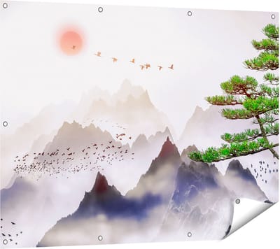 Gards Tuinposter Bergenlandschap met een Boom - Abstract - 120x90 cm - Tuindoek - Tuindecoratie - Wanddecoratie buiten - Tuinschilderij