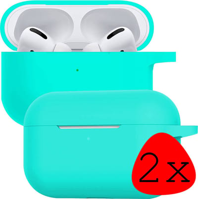 Case - 2 Stuks - Geschikt voor Apple Airpods Pro - Siliconen Hoes met Clip - Silicone Hoesje Cover - Mintgroen