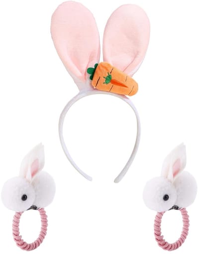 Dailygoods- Haarband met Oren - Pluche Konijn - Set van 1 Roos + 2 Elastieken - Opvouwbaar - Comfortabel - Perfect voor Paasfeesten - Kostuumhoofddeksel