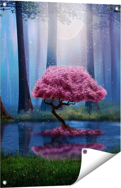 Gards Tuinposter Roze Boom op een Vijver in de Nacht - 60x80 cm - Tuindoek - Tuindecoratie - Wanddecoratie buiten - Tuinschilderij