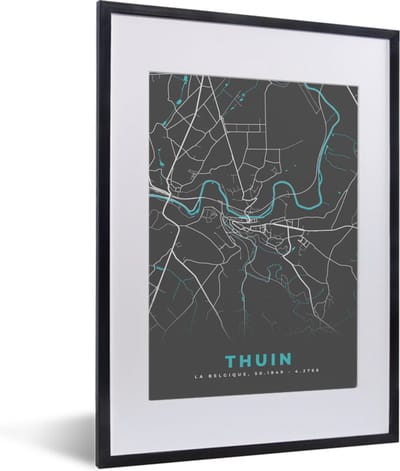 Fotolijst incl. Poster - Stadskaart – Grijs - Kaart – Thuin – België – Plattegrond - 30x40 cm - Posterlijst