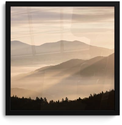 Poster in lijst - Fotolijst 40x40 cm - Posters - Bergen - Mist - Zonnestralen - Posterlijst zwart - Decoratie - Wanddecoratie woonkamer - Muurdecoratie slaapkamer