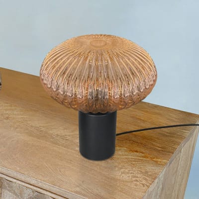Tafellamp Aurelio 4235ZW met amberkleurig geribbeld glas en zwarte metalen voet, trendy design, geschikt voor binnengebruik - Mexlite