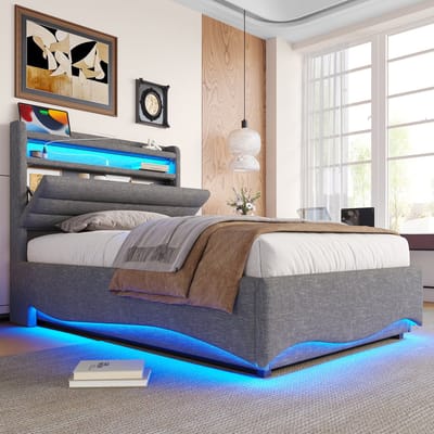 Wishdor Gestoffeerd Opbergbed - 90x200 cm - Hydraulisch Hefsysteem En App-Gestuurde Led - Inclusief Oplaadpoorten - Linnen - Grijs