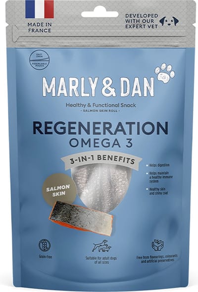 MARLY & DAN hondensnack 60 gr ZALM SKIN 3-in-1 benefiets - hulp bij vertering, bevorderd de immuniteit, gezonde vacht en huid REGENERATION OMEGA3 geen toegevoegde suiker - granenvrij - vrij van smaak, kleur en kunstmatige bewaarmiddelen