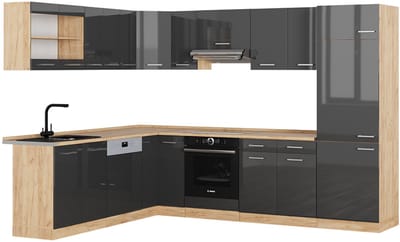 Vicco Hoekkeuken R-Line, Antraciet Hoogglans/Goudkleurig Eiken, 287 x 227 cm, WB Eik