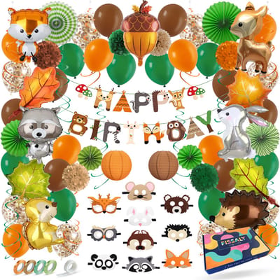 Fissaly 81 Stuks Bosdieren Feest Decoratie Versiering Set – Wood & Bos – Vos, Egel, Wasbeer & Eekhoorn – Ballonnen, Slingers & Accessoires
