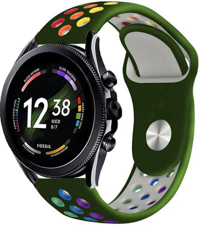 Strap-it Siliconen sport bandje - geschikt voor Fossil Gen 6 44mm / Gen 5 / Gen 5e 44mm - legergroen/kleurrijk
