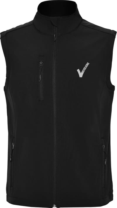 Zwarte unisex Softshell bodywarmer met Beveiliging / Security met als borstlogo het bekende V-tje en als ruglogo SECURITY - voor PROFESSIONALS, merk ROLY Maat S