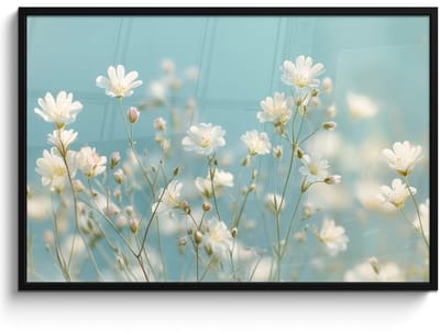 Poster in lijst - Fotolijst 120x80 cm - Posters - Stengels - Bloemen - Lucht - Wit - Posterlijst zwart - Decoratie - Wanddecoratie woonkamer - Muurdecoratie slaapkamer