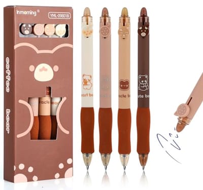 Uitwisbare balpenset met schattig berendesign - Set van 4, 0,5 mm vulling, esthetische rollerbalpen