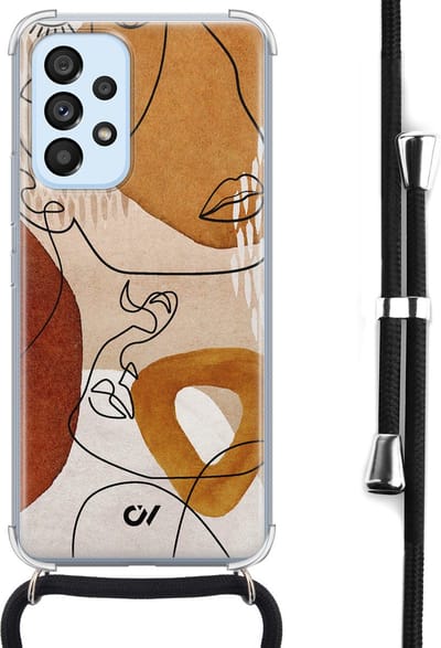 Telefoonhoesje met koord geschikt voor Samsung A53 - Abstract Shape Faces - Inclusief koord - Transparant, Bruin - - Crossbody beschermhoes - Met Telefoonketting